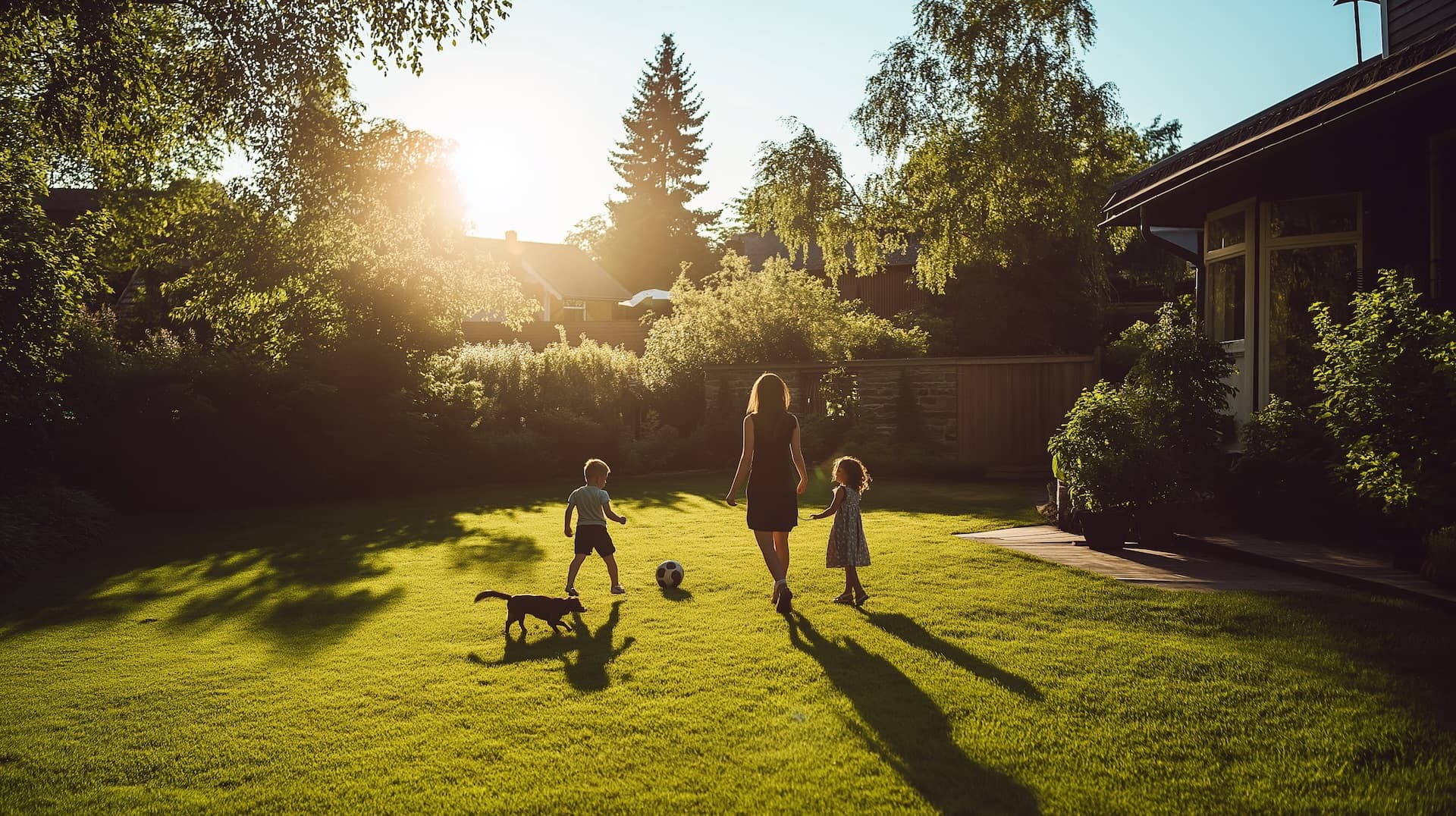 Familjen spelar fotboll i sin trädgård i solnedgången