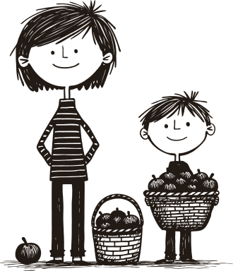 Två barn som har plockat korgar fyllda med äpplen