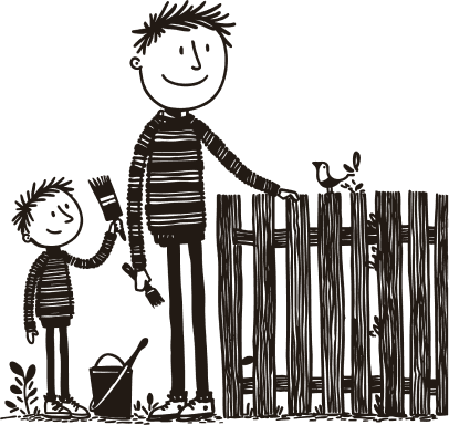 En förälder som målar sitt staket med hjälp av sitt barn